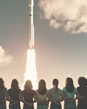 women watching a rocket launch 